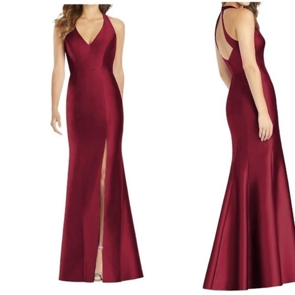 Alfred Sung NWT V-Neck Halter Satin Trumpet Burgundy Gown Size 2 MSRP $244